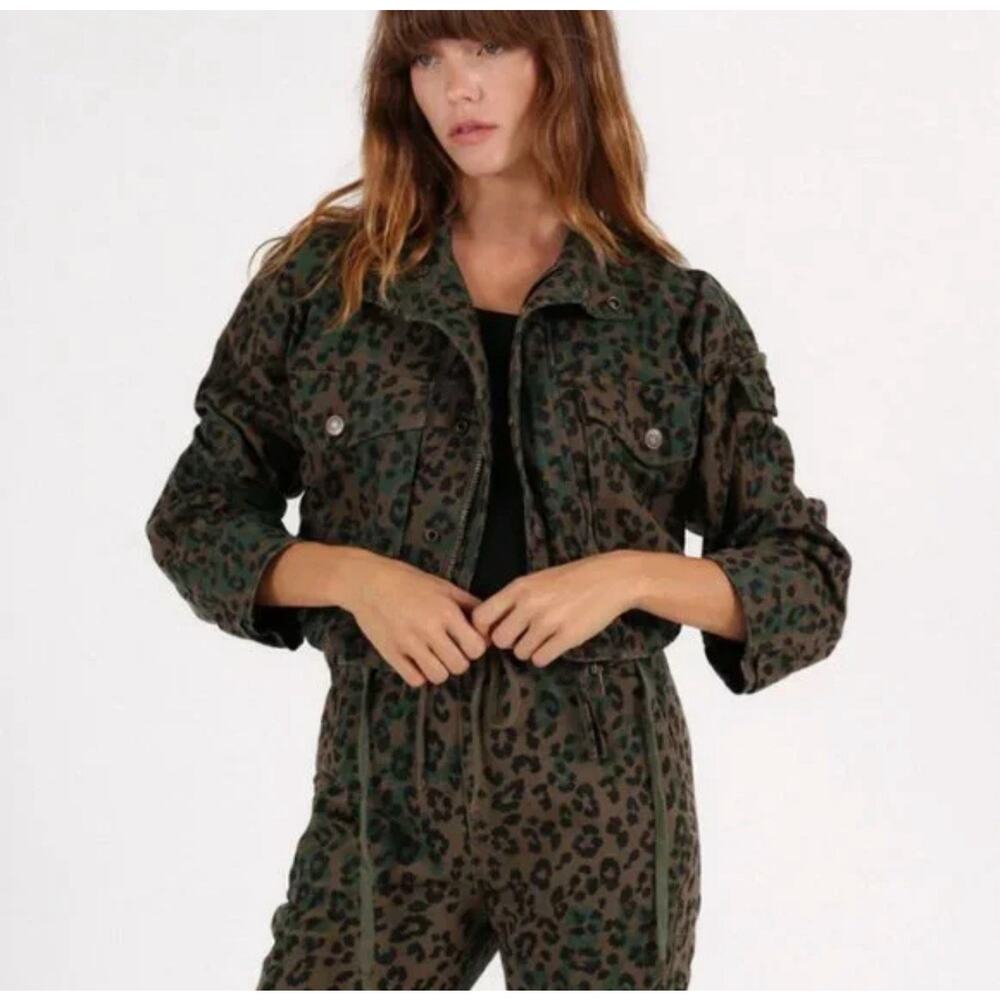 NWT Pam & Gela Leopard Print Cropped Utility Jacket Army Green Size S Streetwear